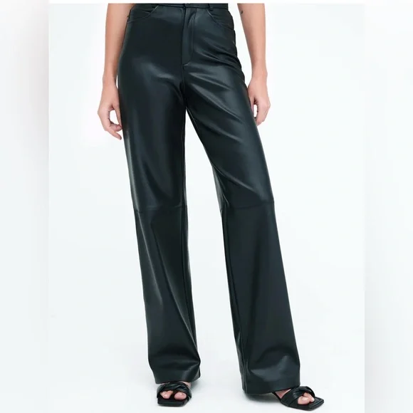 MARELLA Black pants high rise wide trousers vegan leather SZ XXL High Sheen soft